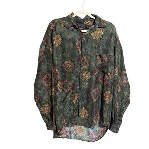 Vintage Structure 100% Silk Abstract Festival Button Down Shirt Men's Large